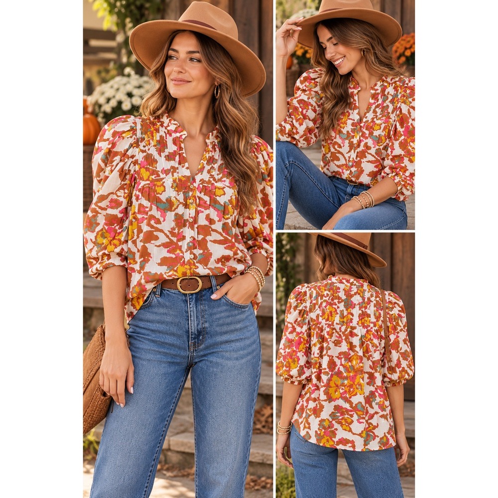 Cleobella Zola Puff Sleeve Fall Shea Blouse Boho (MSRP: $296) Medium